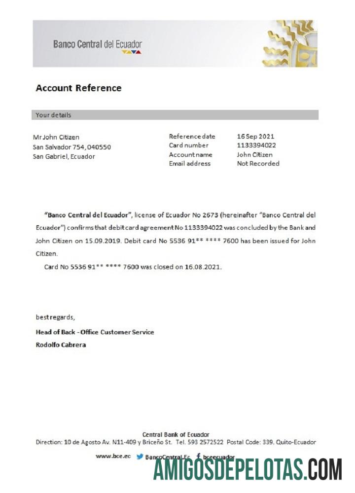 Referência de fechamento do Banco Central do Equador modelo